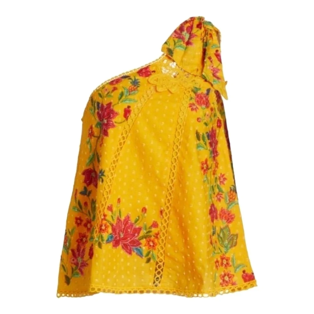 Farm Rio Yellow Flower Dream Embroidered One-Shoulder Blouse - Size Small - Picture 3 of 8